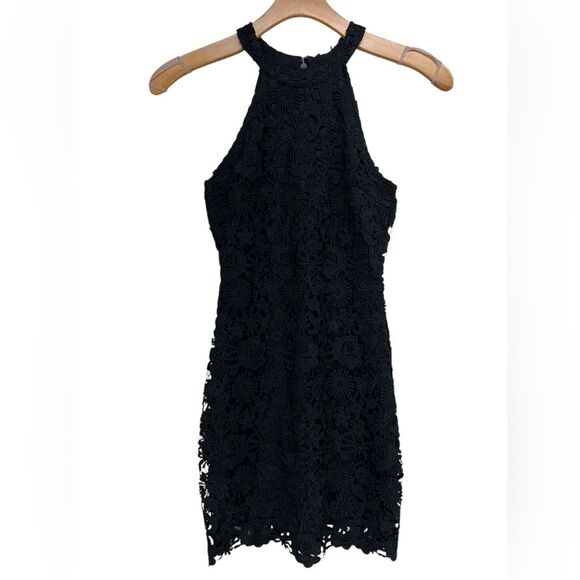 Lulus Black Halter Neck Fitted Floral Lace Mini Dress Womens Small - Picture 1 of 9